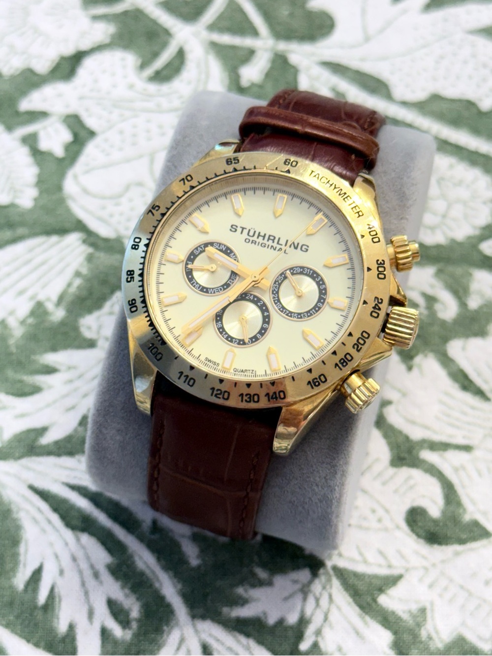 Stuhrling Gold Tone Chronograph Watch with Brown Leather Strap